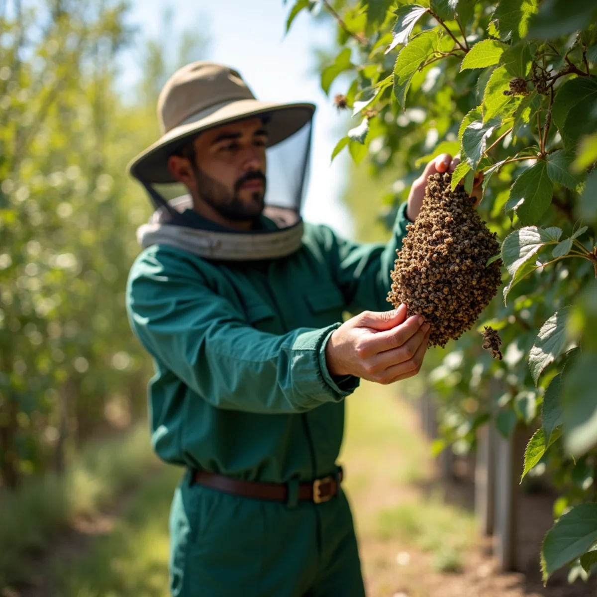 Beekeeper-equipped technician collecting a honey bee swarm from a Fresno tree