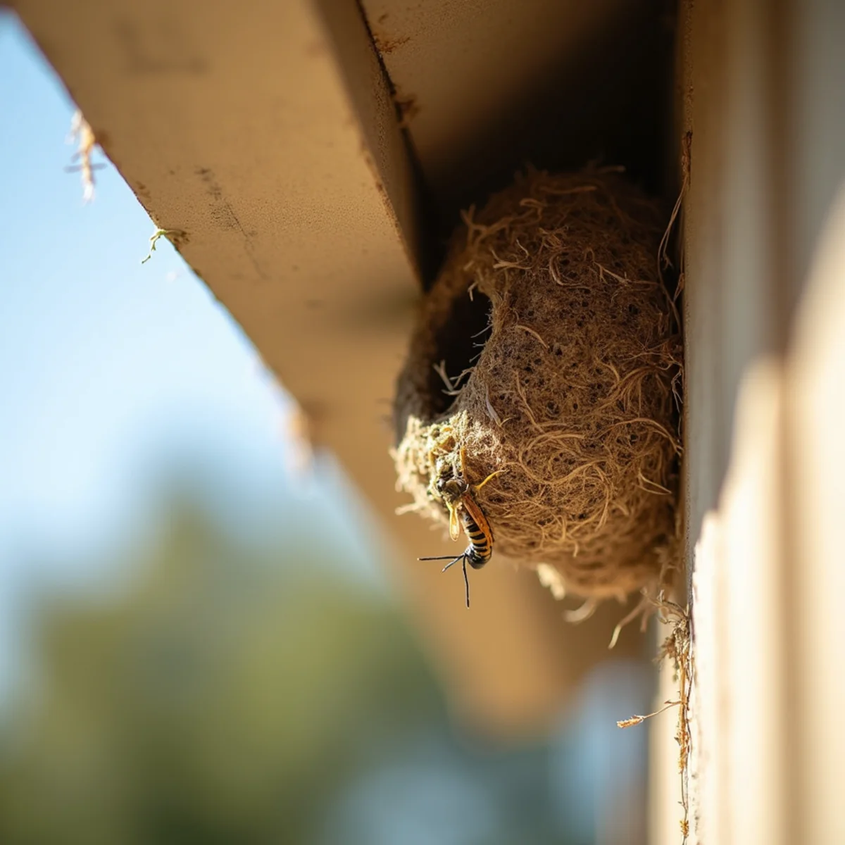 Yellowjacket nest under a backyard eave