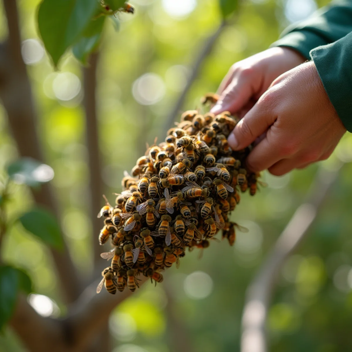 Honey bee swarm clustered on a Central Valley tree branch