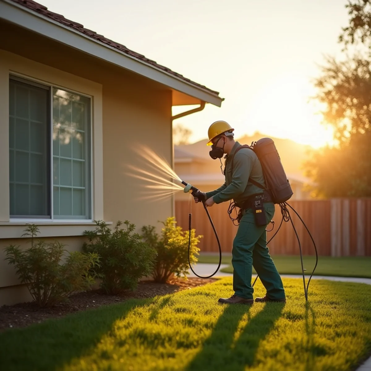 Pest control technician treating a Fresno home exterior at sunrise