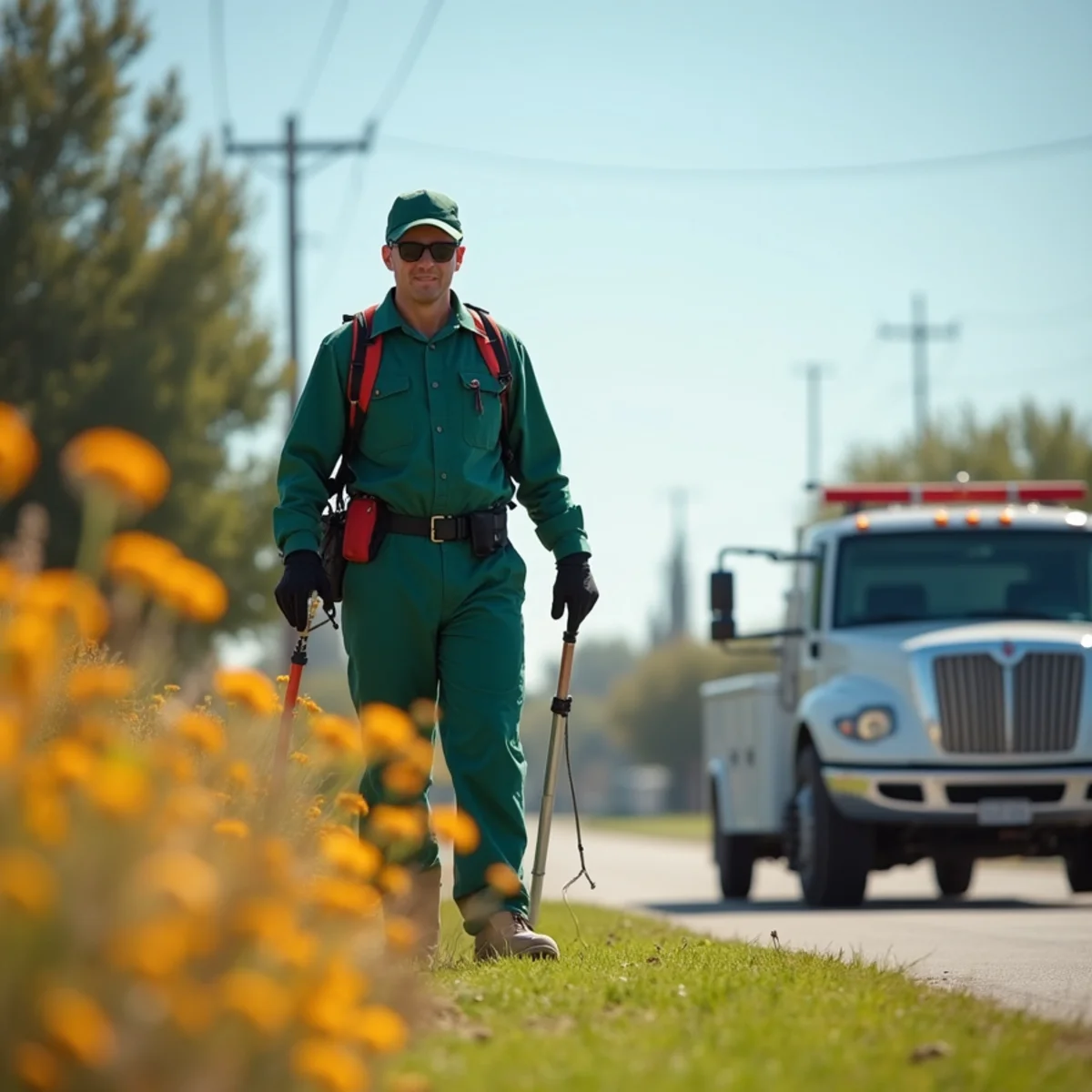 Technician treating a citrus grove fence line at an Orange Cove home for Argentine ants