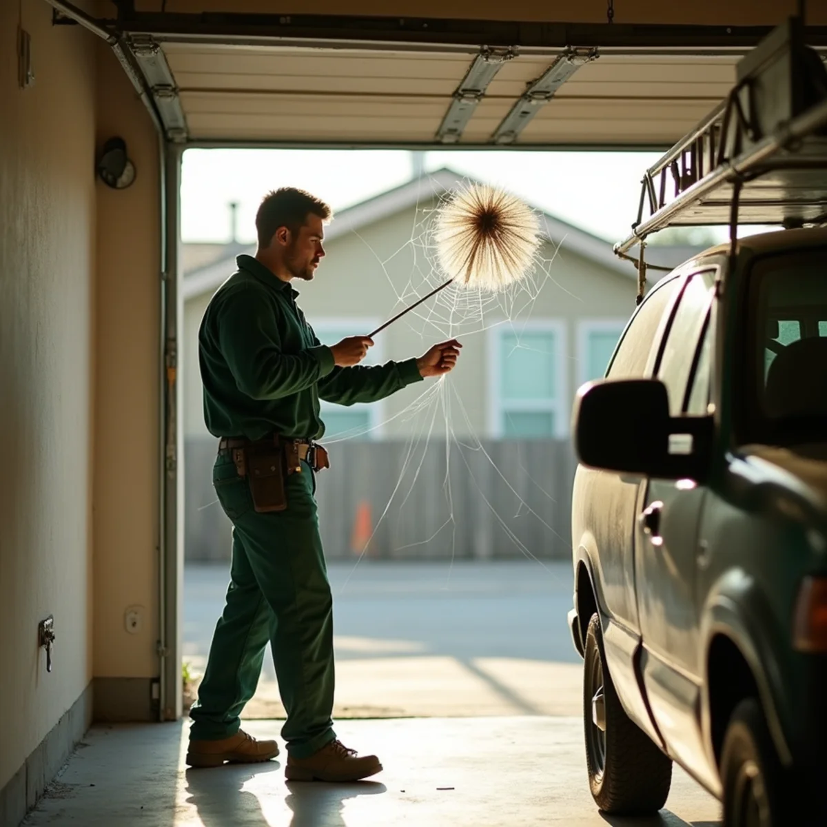 Technician removing a black widow web and egg sac from a Fresno garage corner